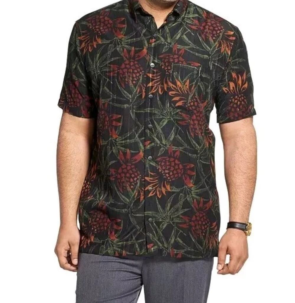 Van Heusen Pineapple Tropical Black Red Button Down Size 3XL